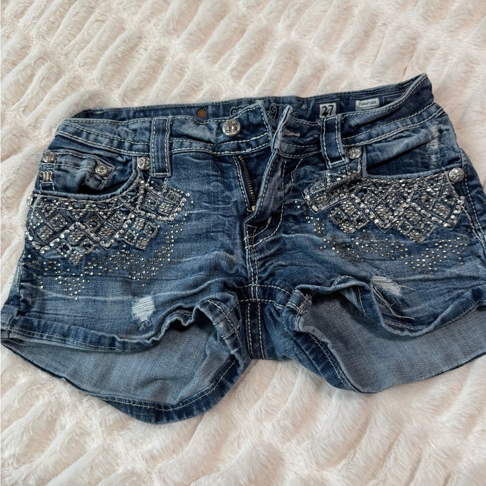 Miss Me Dark Blue Jean Shorts with Silver Accents